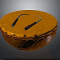 Traditional Orange Hand Drum With Wooden Drumsticks On Top Woven Trim And Leather Straps