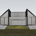 Modern Single-family House With Sloped Roof Large Glass Windows Stone Steps And Grass Lawn