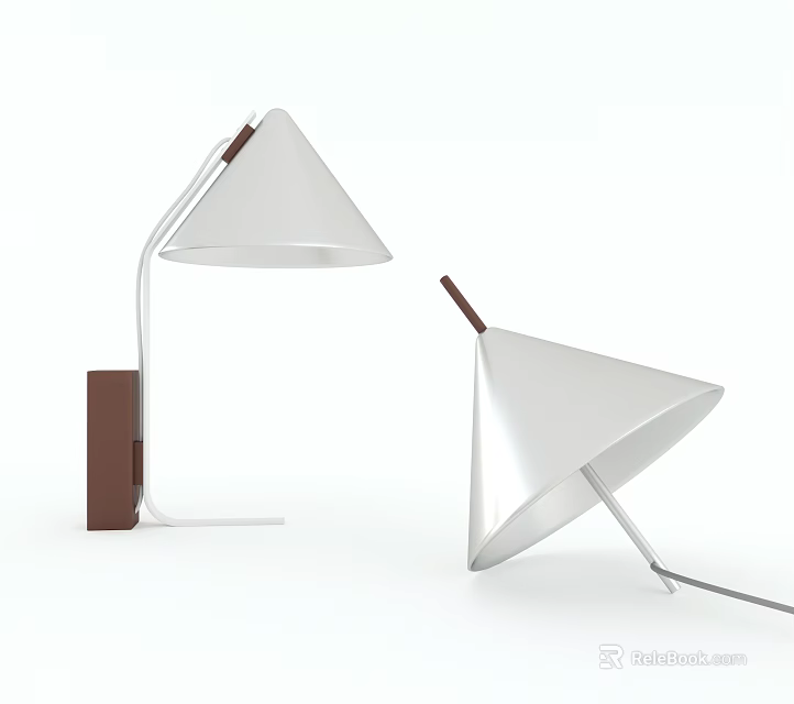Two Modern Silver Table Lamps with Conical Shades and Brown Bases in Different Angles 3d model