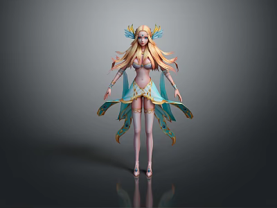 3D Fantasy Fairy Character With Golden Long Hair And Blue Green Ornamental Flowing Ribbons 3d model