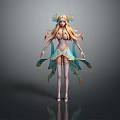 3D Fantasy Fairy Character With Golden Long Hair And Blue Green Ornamental Flowing Ribbons