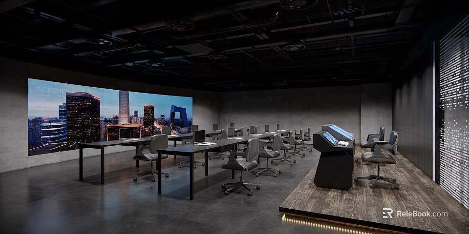 Modern Monitoring Room Interior With Large Screen City View Multiple Computer Workstations And Ergonomic Chairs 3d model 