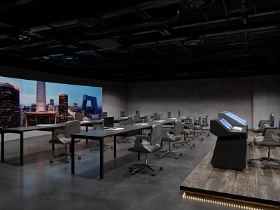 Modern Monitoring Room Interior With Large Screen City View Multiple Computer Workstations And Ergonomic Chairs 3d model