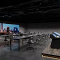 Modern Monitoring Room Interior With Large Screen City View Multiple Computer Workstations And Ergonomic Chairs