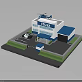 Blue And White Police Station Building With Helicopter On Roof Police Car And Parking Area