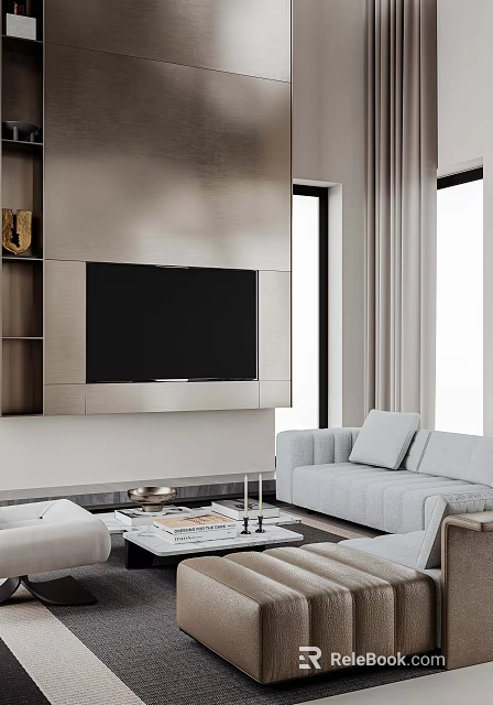 Modern Minimalist Living Room With Sleek Built In TV Wall And Comfortable Light Grey Sofa 3d model 