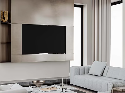 Modern Minimalist Living Room With Sleek Built In TV Wall And Comfortable Light Grey Sofa 3d model