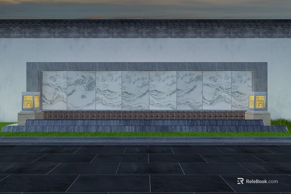 Chinese Garden Landscape With Stone Wall Landscape Paintings Yellow Lanterns Green Lawn Dark Pavement 3d model 