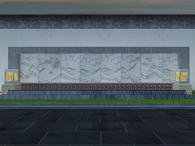 Chinese Garden Landscape With Stone Wall Landscape Paintings Yellow Lanterns Green Lawn Dark Pavement 3d model