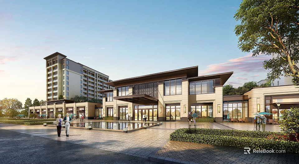 Modern Sales Office Building With Plaza Pool Greenery And Pedestrians 3d model 