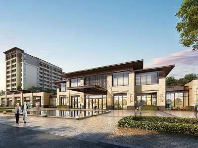 Modern Sales Office Building With Plaza Pool Greenery And Pedestrians 3d model