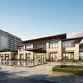 Modern Sales Office Building With Plaza Pool Greenery And Pedestrians