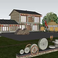 Traditional Rural Self-built House With Courtyard Farm Tools And Green Surroundings