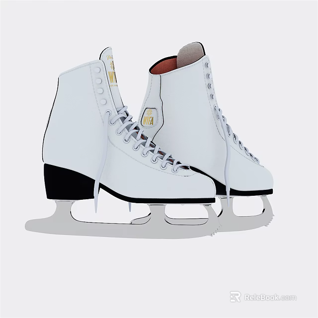 White Ice Skates With Gray Laces Black Sole And Silver Blades 3d model 