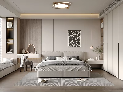 Modern Bedroom Interior With Upholstered Bed White Wardrobe Abstract Wall Art And Ceiling Light 3d model