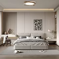 Modern Bedroom Interior With Upholstered Bed White Wardrobe Abstract Wall Art And Ceiling Light