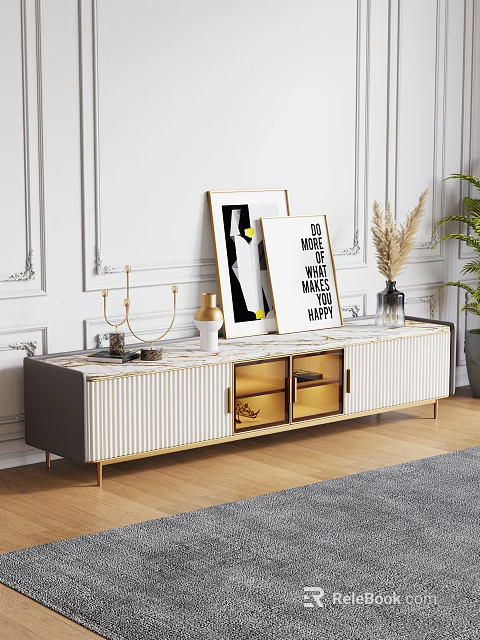 Modern Elegant TV Stand With Marble Top White Gold Drawers Artwork And Plant Decor 3d model 