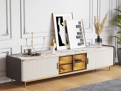 Modern Elegant TV Stand With Marble Top White Gold Drawers Artwork And Plant Decor 3d model