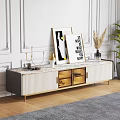 Modern Elegant TV Stand With Marble Top White Gold Drawers Artwork And Plant Decor