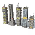 Detailed High-rise Building Models With Various Designs Antennas And Yellow Decorations