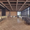 Cozy Cafe With Wooden Ceiling Herringbone Floor Bookshelves Numerous Books Tables Chairs And Sofas