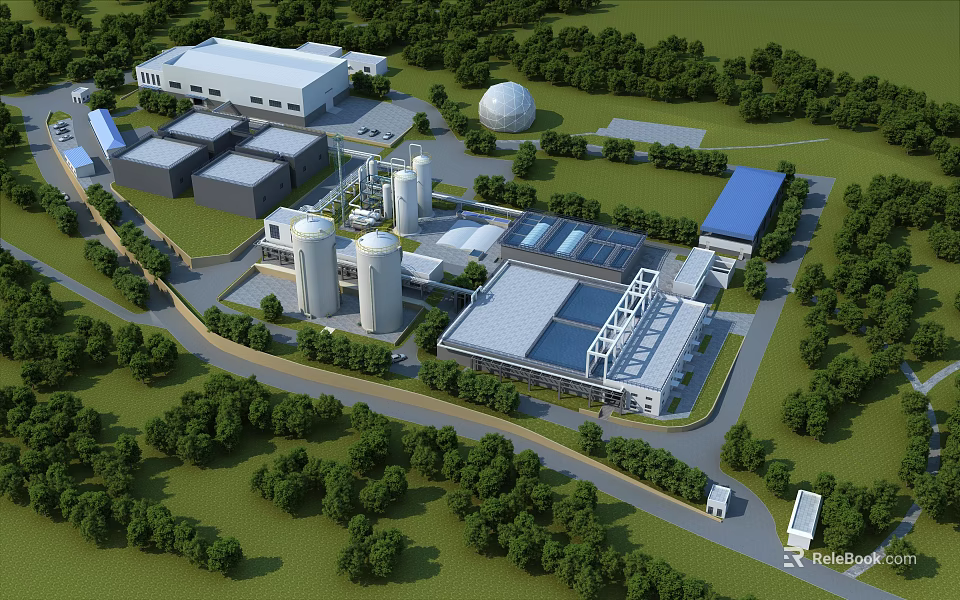 Industrial Factory Complex With Multiple Buildings Large Storage Tanks Green Trees And Roads 3d model 