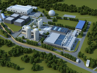 Industrial Factory Complex With Multiple Buildings Large Storage Tanks Green Trees And Roads 3d model