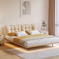Modern Minimalist Double Bed with Upholstered Headboard Nightstands Pendant Lights Wall Art and Cozy Bedding