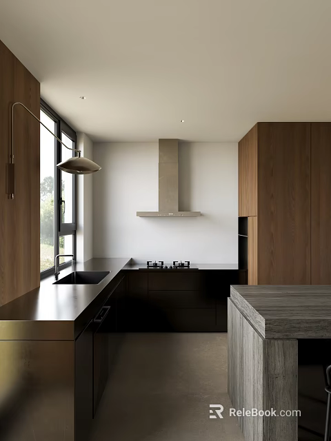 Modern Kitchen Interior Design With Wooden Cabinets Black Countertop And Island 3d model 