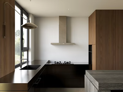 Modern Kitchen Interior Design With Wooden Cabinets Black Countertop And Island 3d model