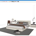 Modern Beige Double Bed With Upholstered Headboard Pillows Throw Blanket Nightstand And Dressing Table