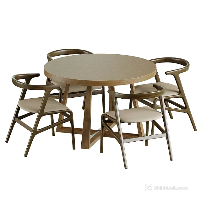 Round Wooden Dining Table With Four Modern Armchairs And Upholstered Seats 3d model 