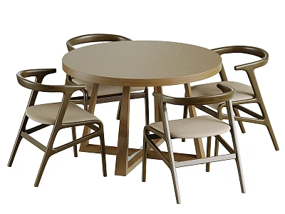 Round Wooden Dining Table With Four Modern Armchairs And Upholstered Seats 3d model