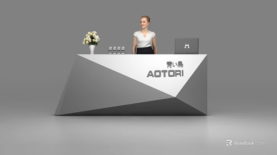 Modern Geometric Reception Desk With White Flower Vase Laptop And AOTORI Sign 3d model 