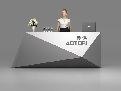 Modern Geometric Reception Desk With White Flower Vase Laptop And AOTORI Sign 3d model