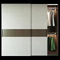 Modern Sliding Door Wardrobe Design With White Panels Wood Grain Accent And Hanging Clothes