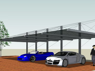 Carport with Metal Frame and Glass Roof Covering Two Cars on Red Brick Ground 3d model