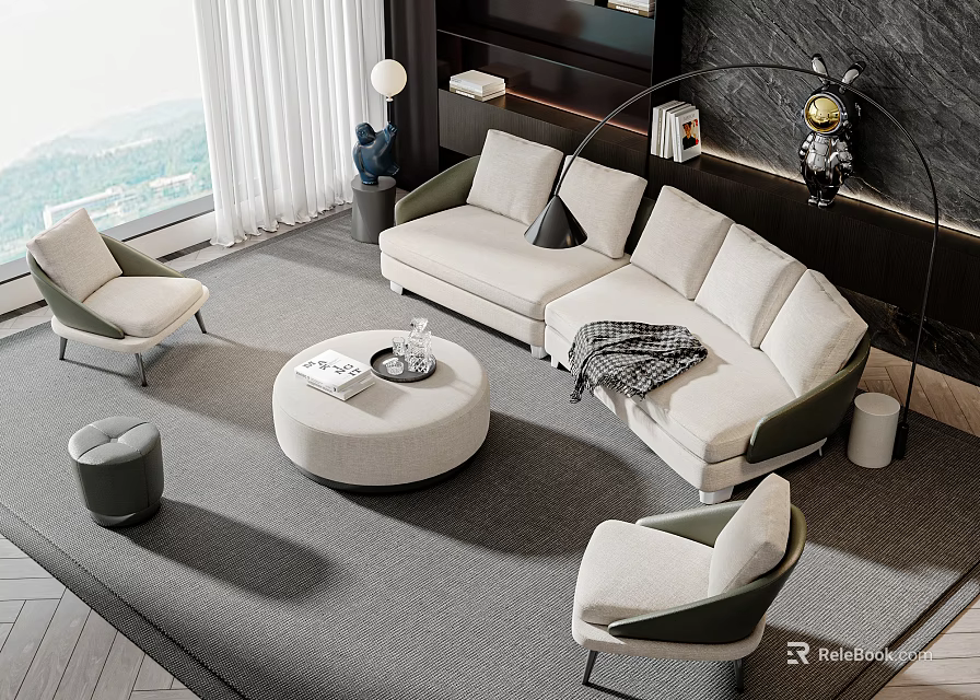 Modern Living Room Interior Design With Light Gray Sectional Sofa Round Coffee Table And Armchairs 3d model 