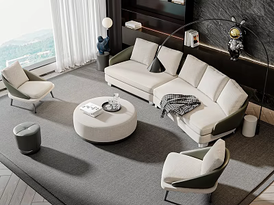 Modern Living Room Interior Design With Light Gray Sectional Sofa Round Coffee Table And Armchairs 3d model