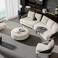 Modern Living Room Interior Design With Light Gray Sectional Sofa Round Coffee Table And Armchairs