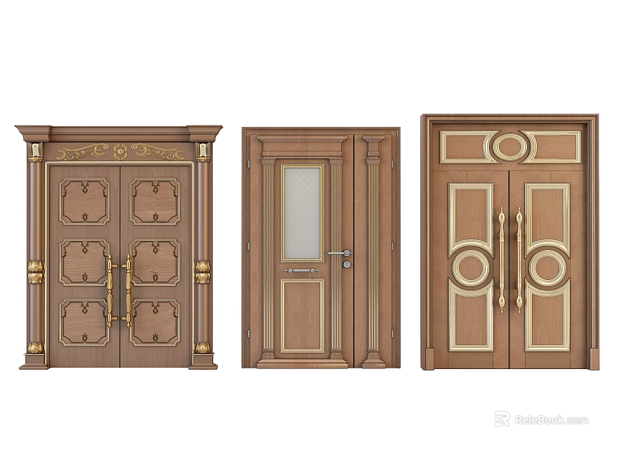 Stylish Wooden Double Doors With Decorative Panels And Classic Hardware Designs 3d model 
