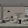 Modern Living Room Interior With Beige Sofa Round Coffee Table Floor Lamp And Potted Plant