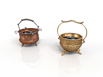 Decorative Copper And Golden Metal Containers With Ornate Handles And Stands 3d model