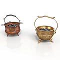 Decorative Copper And Golden Metal Containers With Ornate Handles And Stands