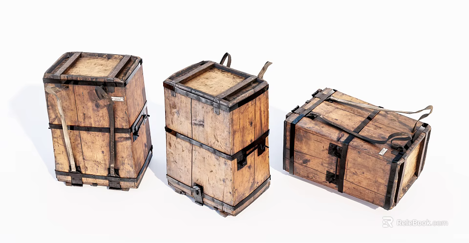 Three Vintage Wooden Boxes With Retro Design Natural Texture And Metal Straps 3d model 