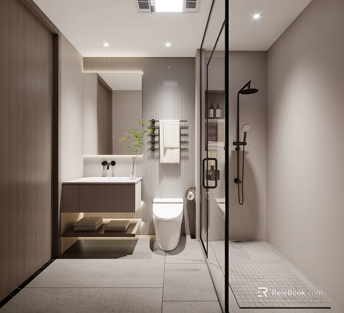 Modern Bathroom Interior With Glass Shower Toilet Vanity Mirror And Plant 3d model 