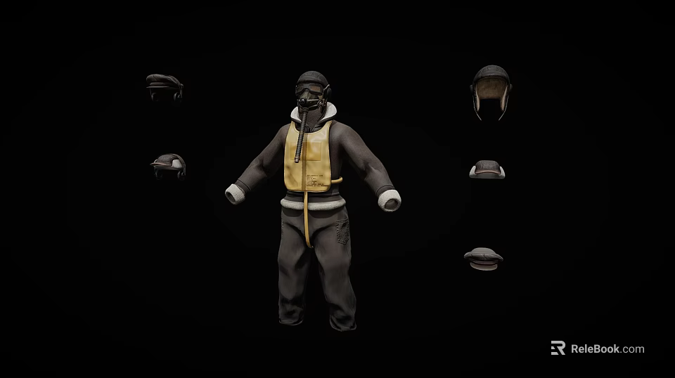 Dark Outfit With Yellow Vest And Multiple Hats On Black Background 3d model 