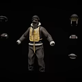 Dark Outfit With Yellow Vest And Multiple Hats On Black Background