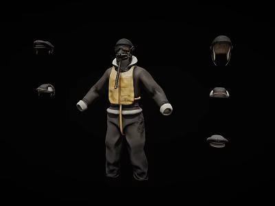 Dark Outfit With Yellow Vest And Multiple Hats On Black Background 3d model