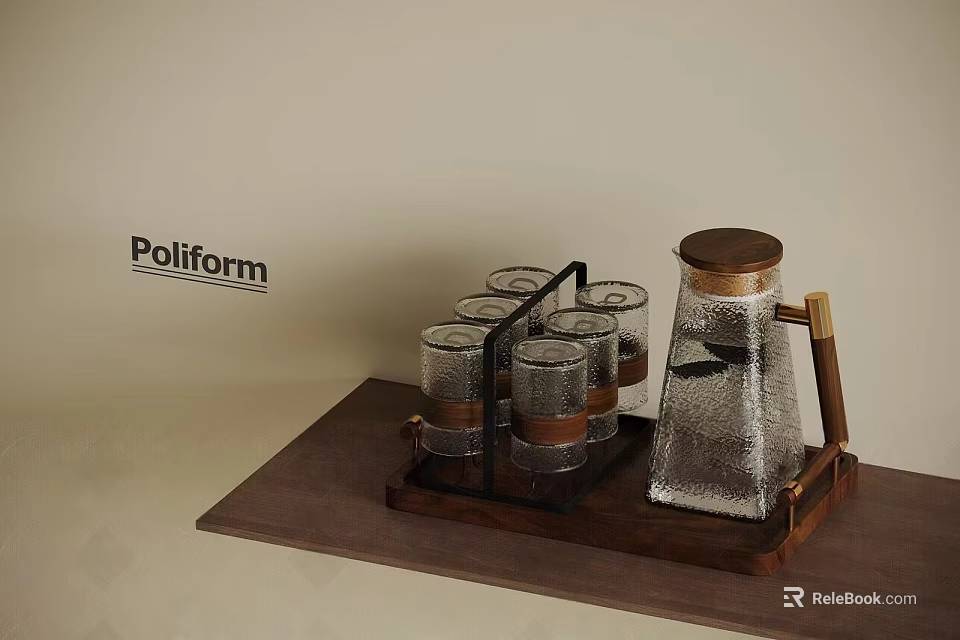 Modern Glass Tea Set with Wooden Accents Cups and Tray on Poliform Wall 3d model 